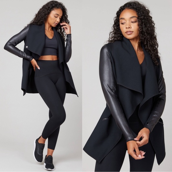 Spanx Drape Front Ponte Faux Leather Jacket Size 3X NWT Very Black